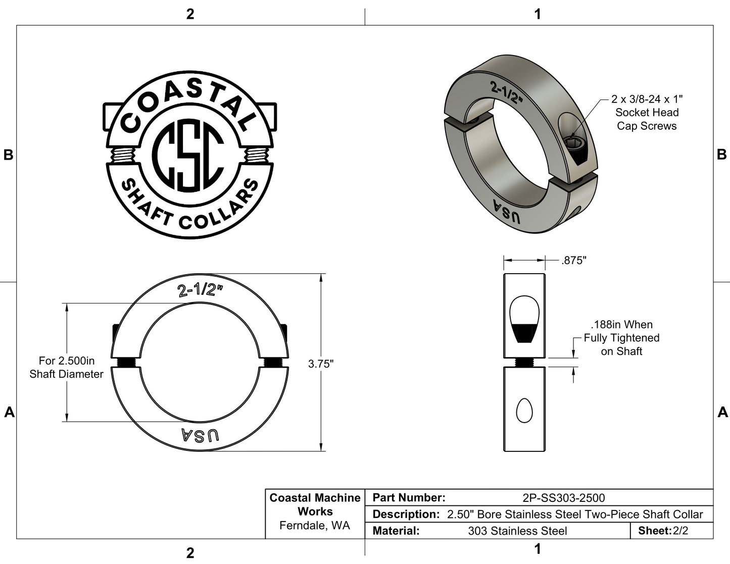 2.50" Diameter - Clamping Two Piece Shaft Collar - 303 Stainless Steel