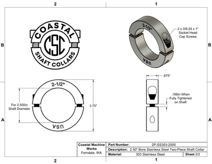 2.50" Diameter - Clamping Two Piece Shaft Collar - 303 Stainless Steel