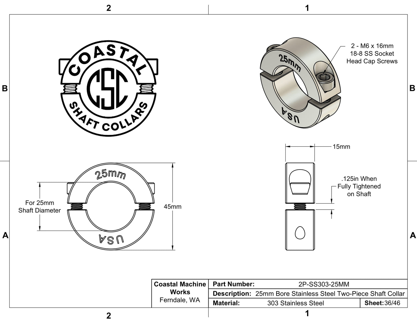 25mm Diameter - Clamping Two Piece Shaft Collar - 303 Stainless Steel