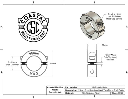 25mm Diameter - Clamping Two Piece Shaft Collar - 303 Stainless Steel