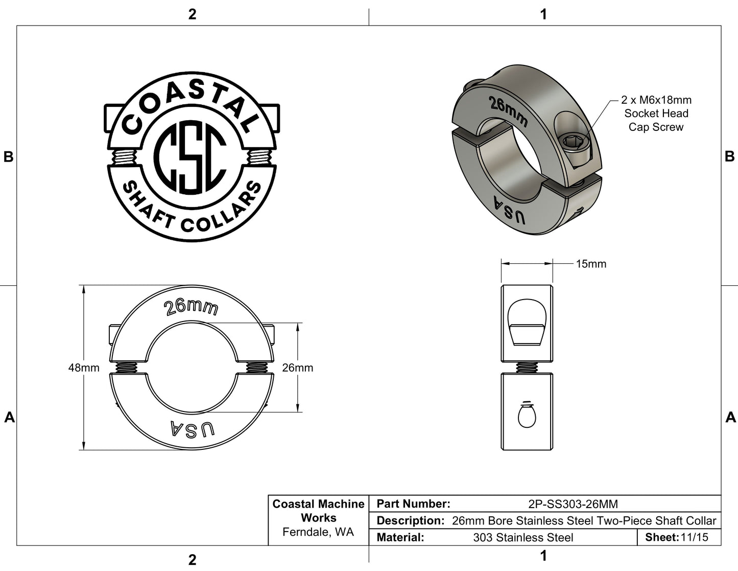 26mm Diameter - Clamping Two Piece Shaft Collar - 303 Stainless Steel