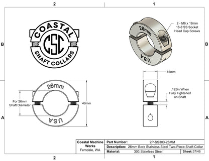 26mm Diameter - Clamping Two Piece Shaft Collar - 303 Stainless Steel