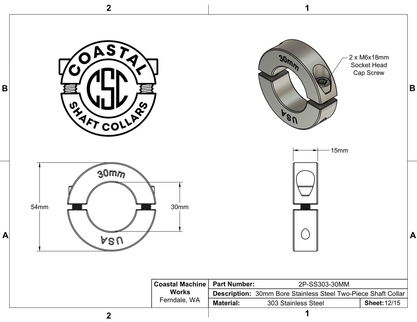 30mm Diameter - Clamping Two Piece Shaft Collar - 303 Stainless Steel