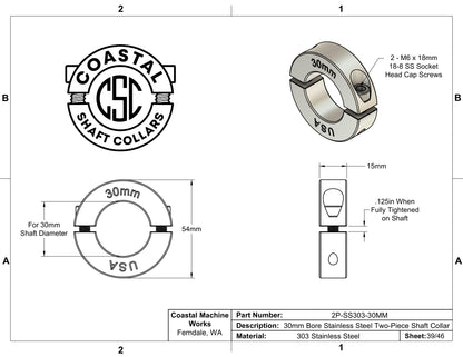 30mm Diameter - Clamping Two Piece Shaft Collar - 303 Stainless Steel