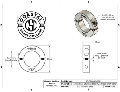 34mm Diameter - Clamping Two Piece Shaft Collar - 303 Stainless Steel