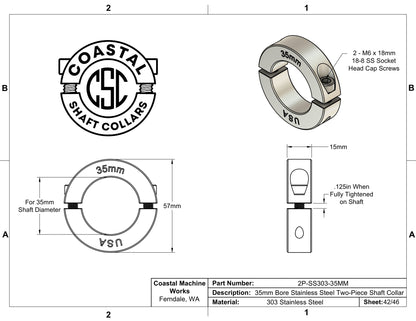 35mm Diameter - Clamping Two Piece Shaft Collar - 303 Stainless Steel