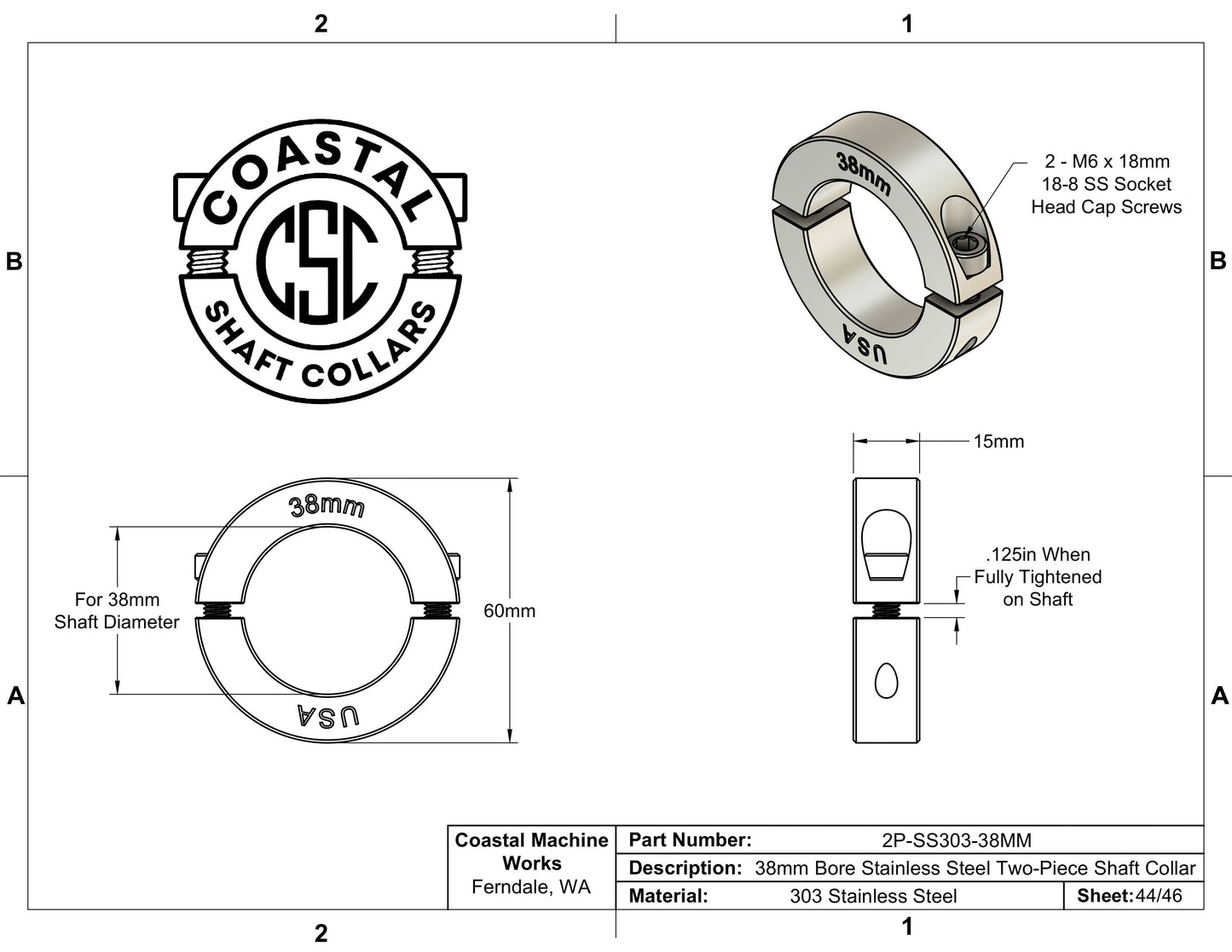 38mm Diameter - Clamping Two Piece Shaft Collar - 303 Stainless Steel