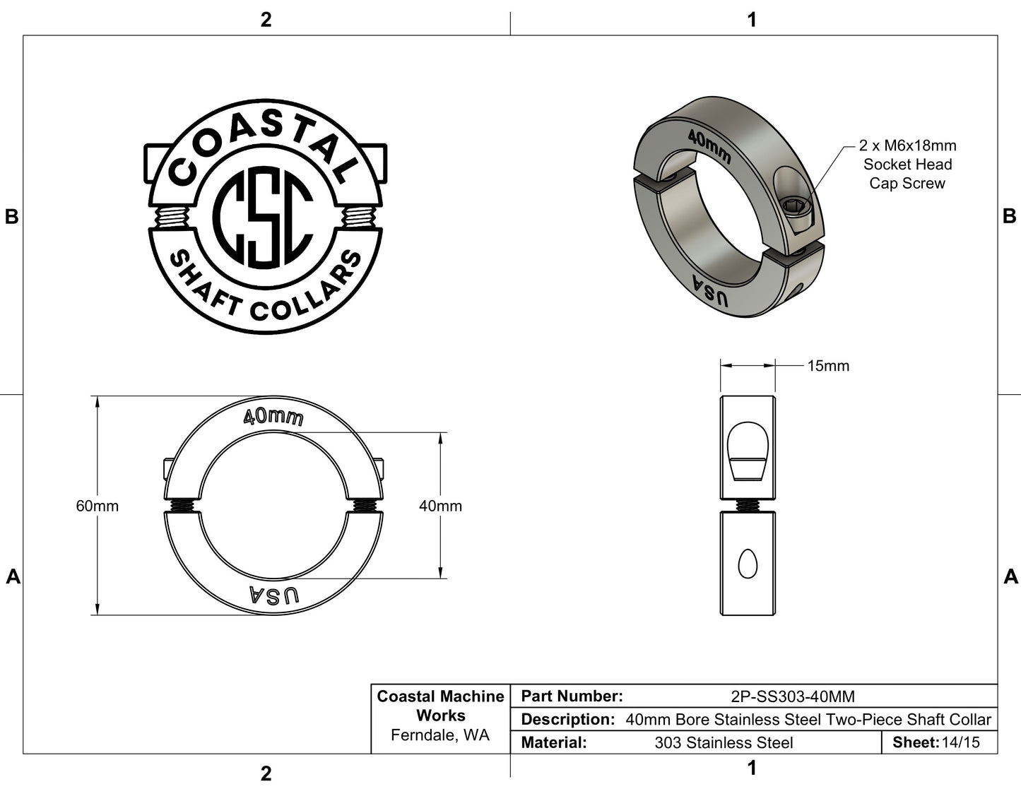 40mm Diameter - Clamping Two Piece Shaft Collar - 303 Stainless Steel