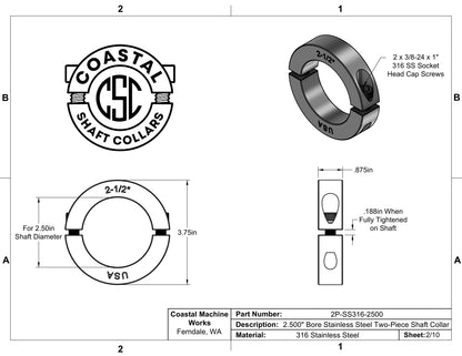 2.500" Diameter - Clamping Two Piece Shaft Collar - 316 Stainless Steel