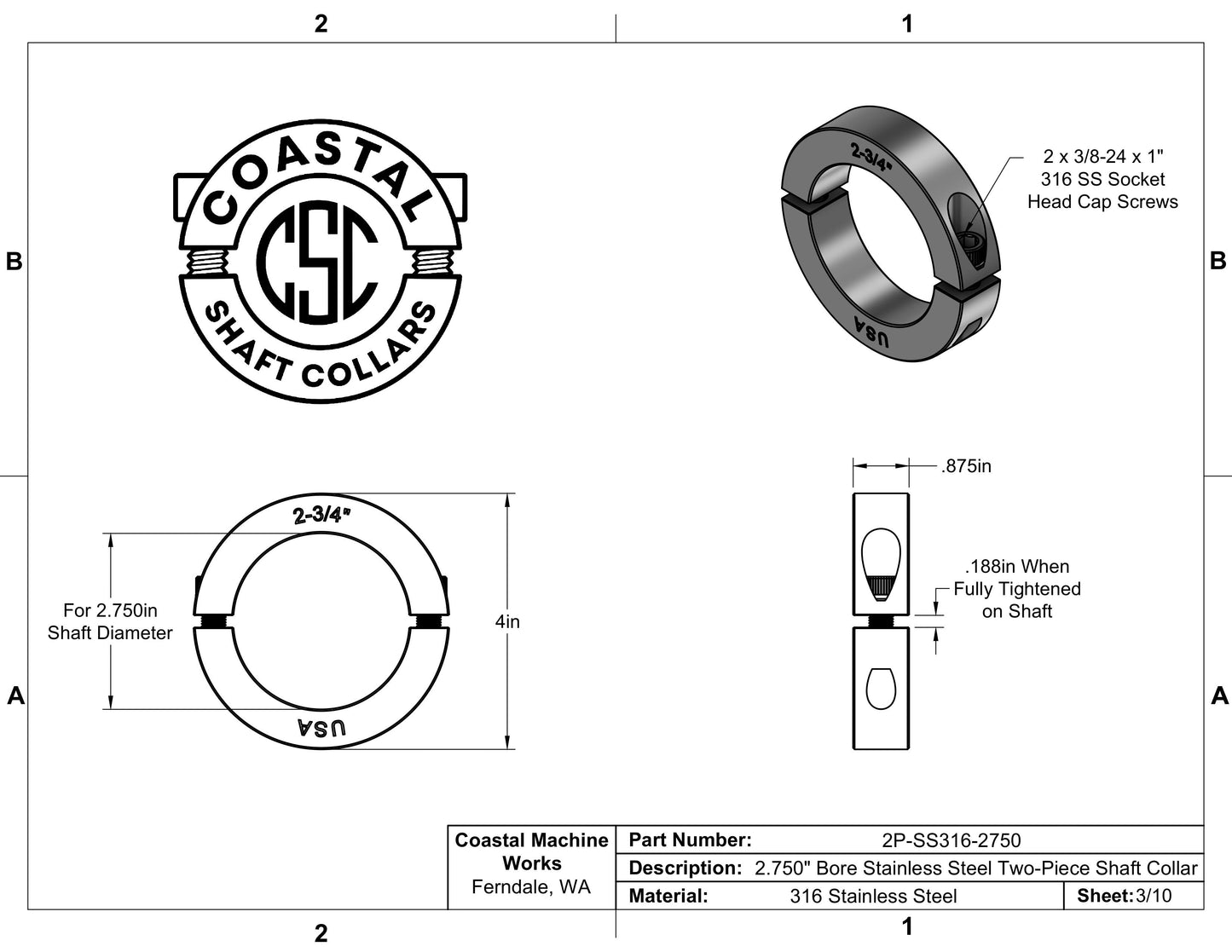 2.750" Diameter - Clamping Two Piece Shaft Collar - 316 Stainless Steel