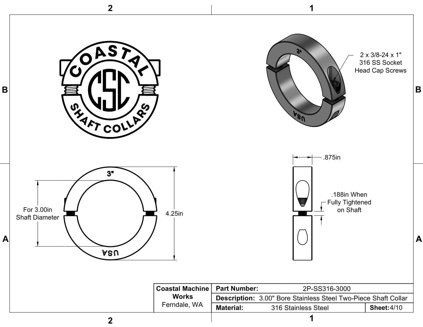 3.000" Diameter - Clamping Two Piece Shaft Collar - 316 Stainless Steel