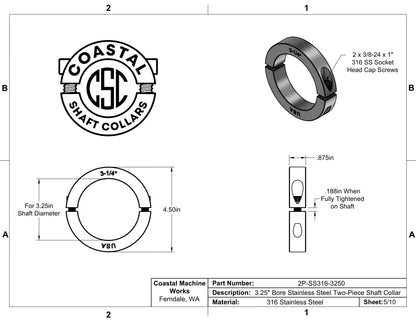 3.250" Diameter - Clamping Two Piece Shaft Collar - 316 Stainless Steel