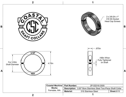 3.500" Diameter - Clamping Two Piece Shaft Collar - 316 Stainless Steel