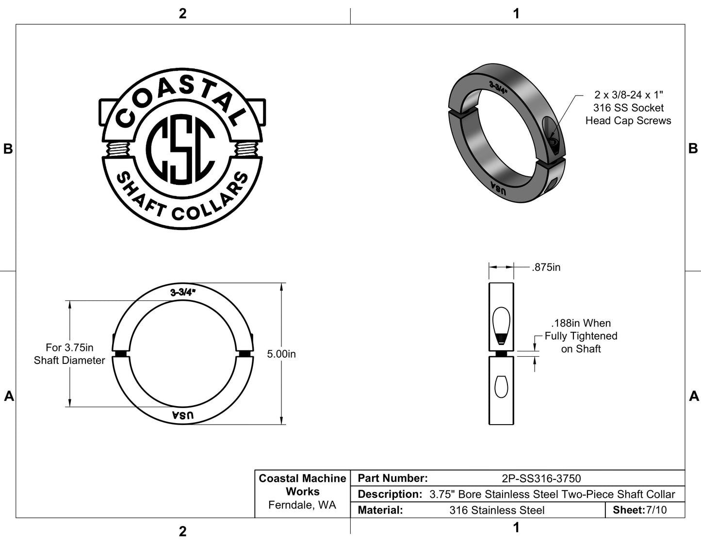 3.750" Diameter - Clamping Two Piece Shaft Collar - 316 Stainless Steel