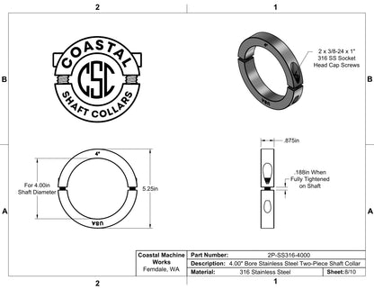 4.000" Diameter - Clamping Two Piece Shaft Collar - 316 Stainless Steel