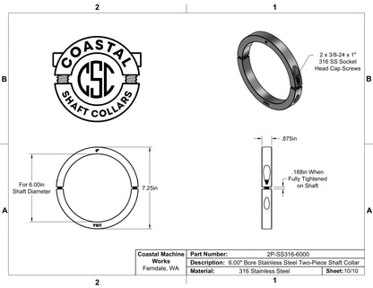 6.000" Diameter - Clamping Two Piece Shaft Collar - 316 Stainless Steel