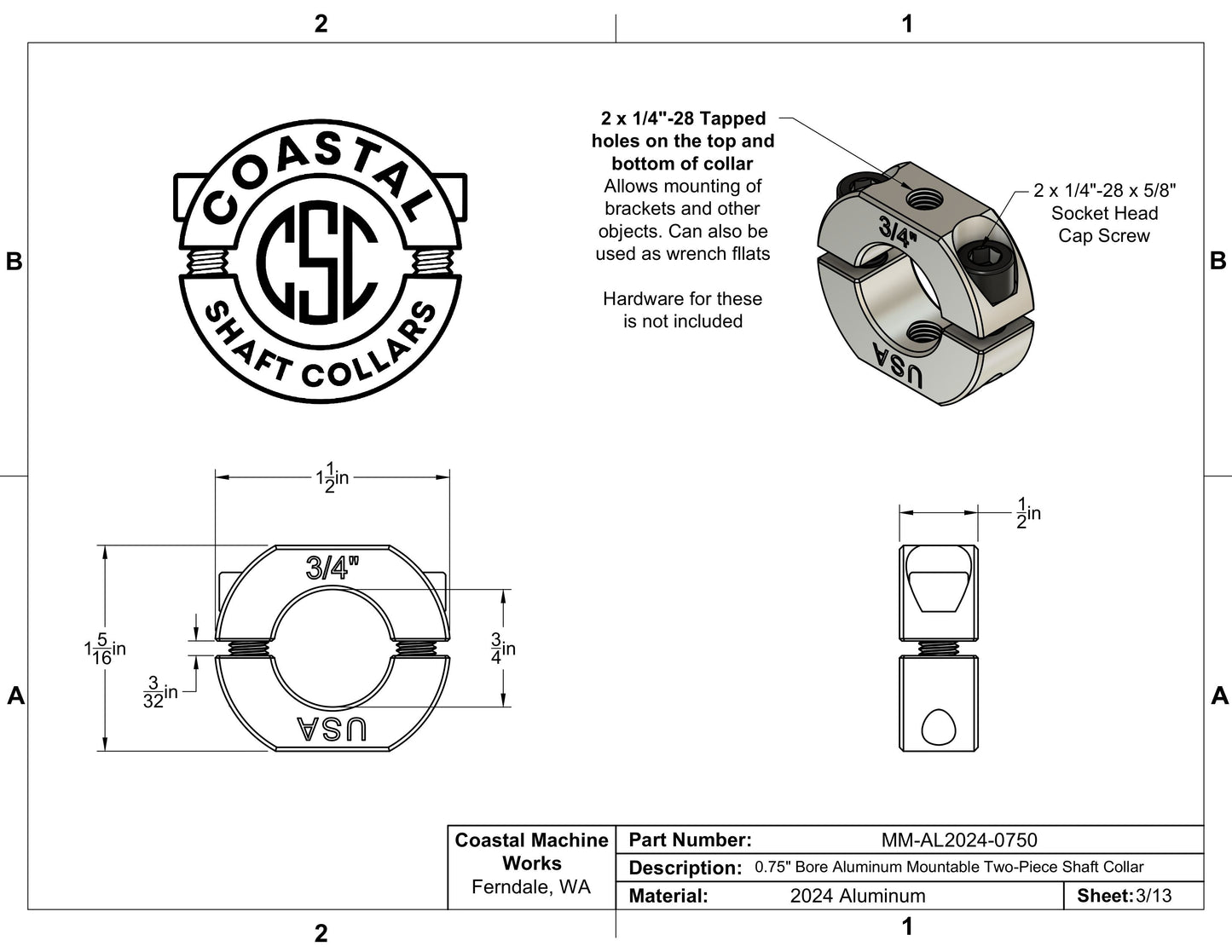 0.75" Diameter – Mountable Clamping Two Piece Shaft Collar – 2024 Aluminum