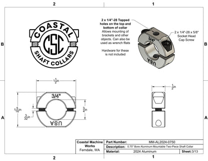 0.75" Diameter – Mountable Clamping Two Piece Shaft Collar – 2024 Aluminum