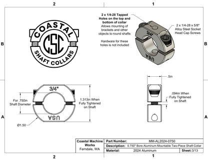 0.75" Diameter – Mountable Clamping Two Piece Shaft Collar – 2024 Aluminum