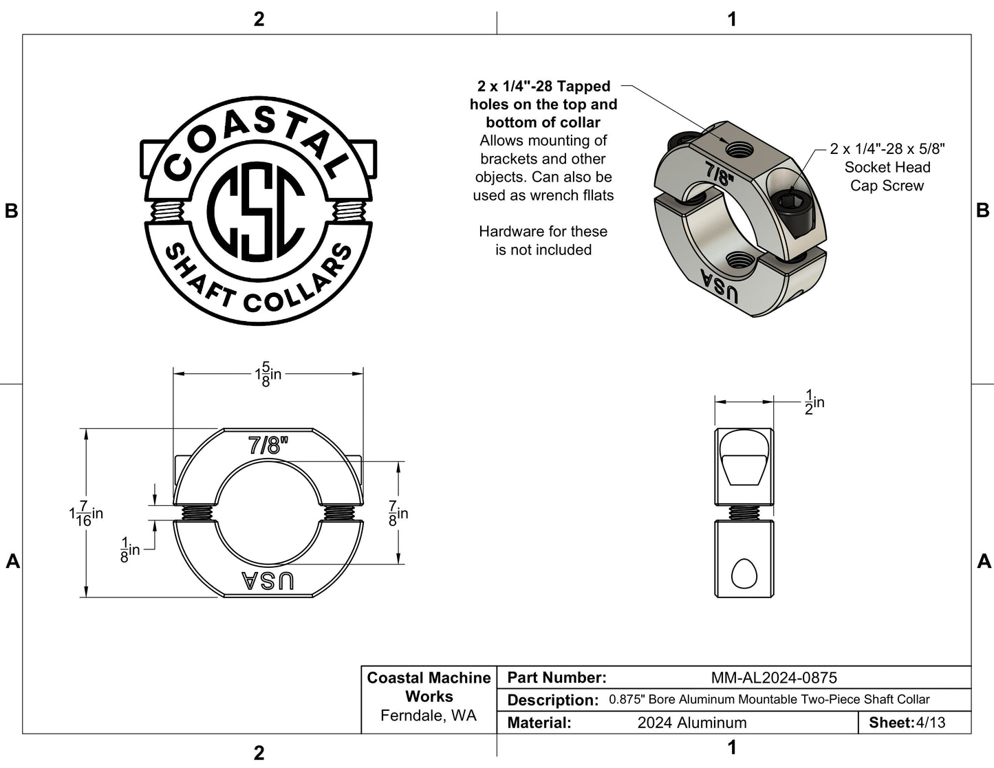 0.875" Diameter – Mountable Clamping Two Piece Shaft Collar – 2024 Aluminum