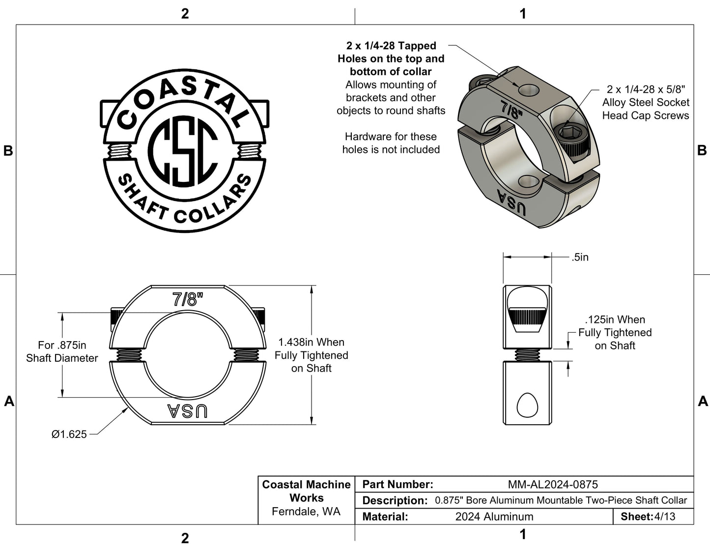 0.875" Diameter – Mountable Clamping Two Piece Shaft Collar – 2024 Aluminum