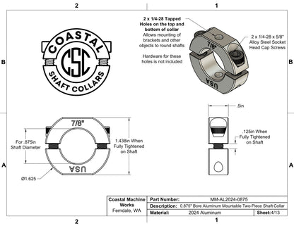 0.875" Diameter – Mountable Clamping Two Piece Shaft Collar – 2024 Aluminum