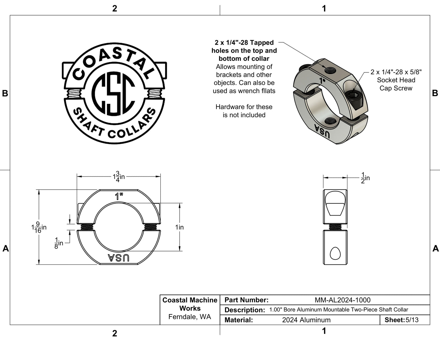 1.00" Diameter – Mountable Clamping Two Piece Shaft Collar – 2024 Aluminum