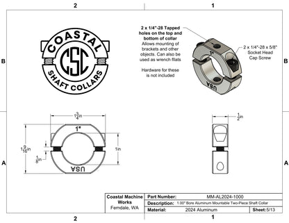 1.00" Diameter – Mountable Clamping Two Piece Shaft Collar – 2024 Aluminum