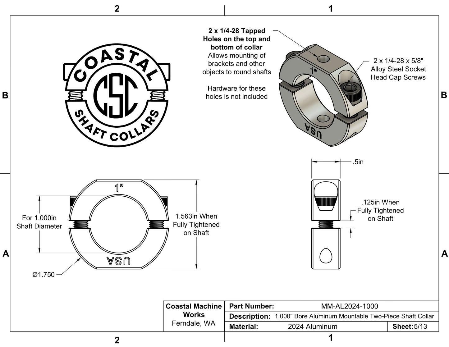 1.00" Diameter – Mountable Clamping Two Piece Shaft Collar – 2024 Aluminum