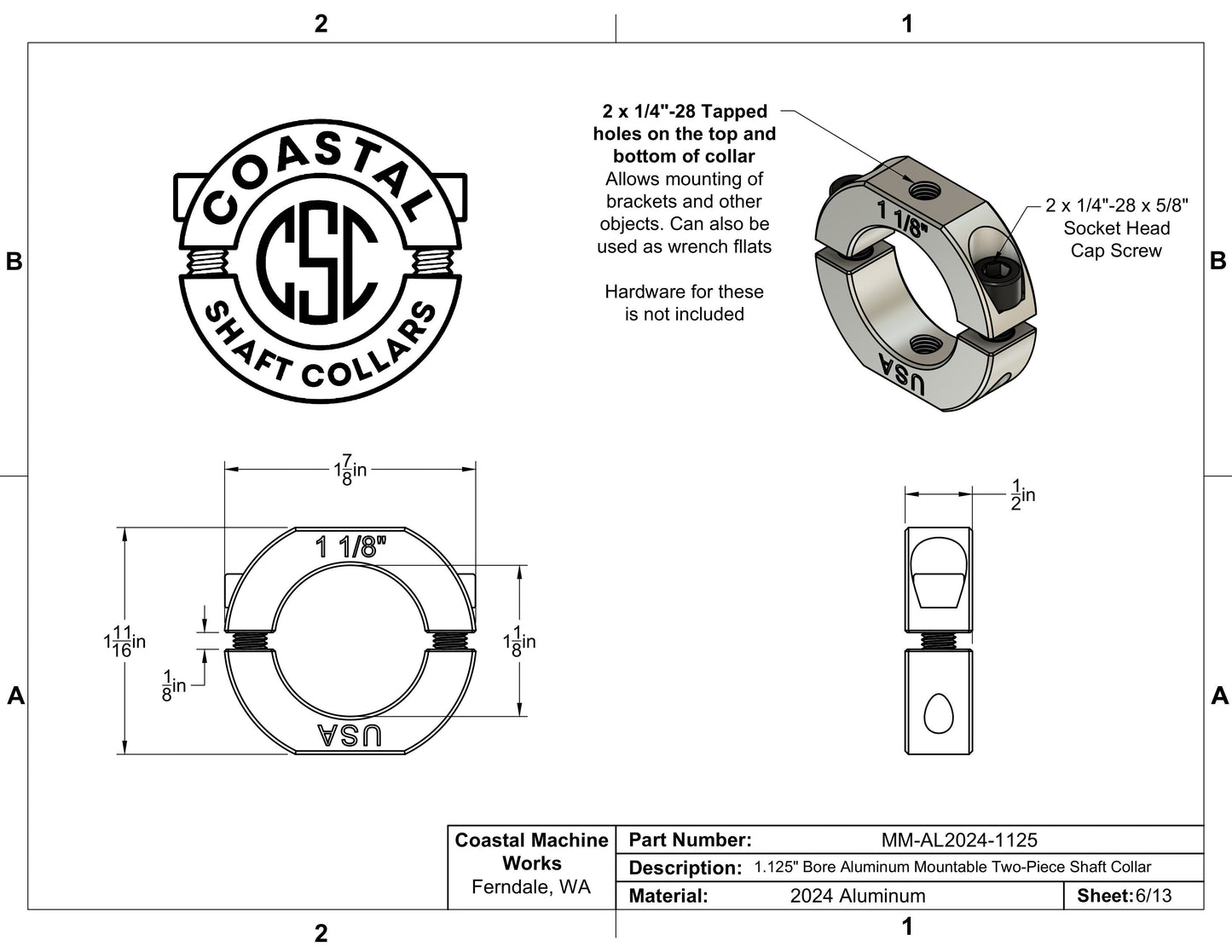 1.125" Diameter – Mountable Clamping Two Piece Shaft Collar – 2024 Aluminum