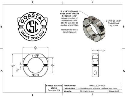 1.125" Diameter – Mountable Clamping Two Piece Shaft Collar – 2024 Aluminum