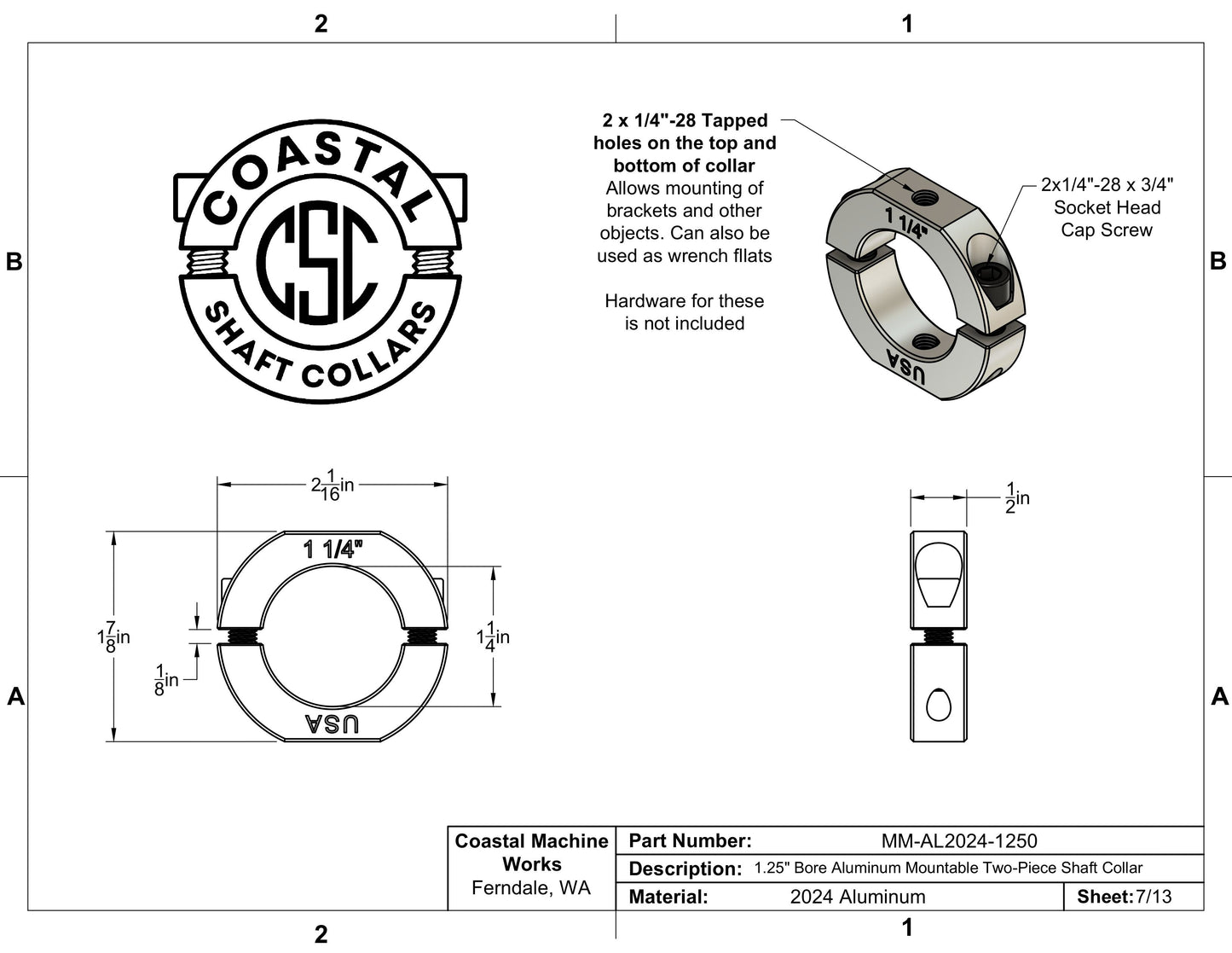 1.25" Diameter – Mountable Clamping Two Piece Shaft Collar – 2024 Aluminum