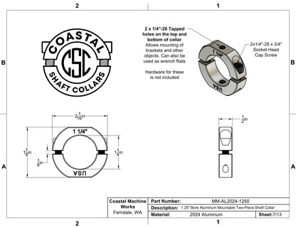 1.25" Diameter – Mountable Clamping Two Piece Shaft Collar – 2024 Aluminum