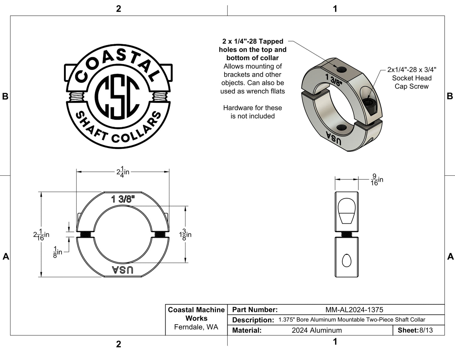 1.375" Diameter – Mountable Clamping Two Piece Shaft Collar – 2024 Aluminum