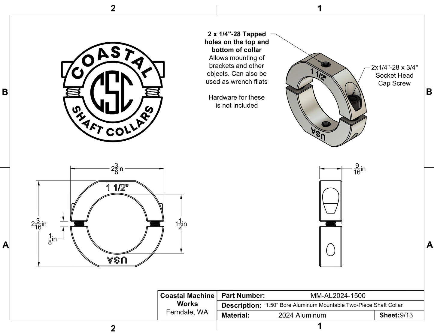 1.50" Diameter – Mountable Clamping Two Piece Shaft Collar – 2024 Aluminum