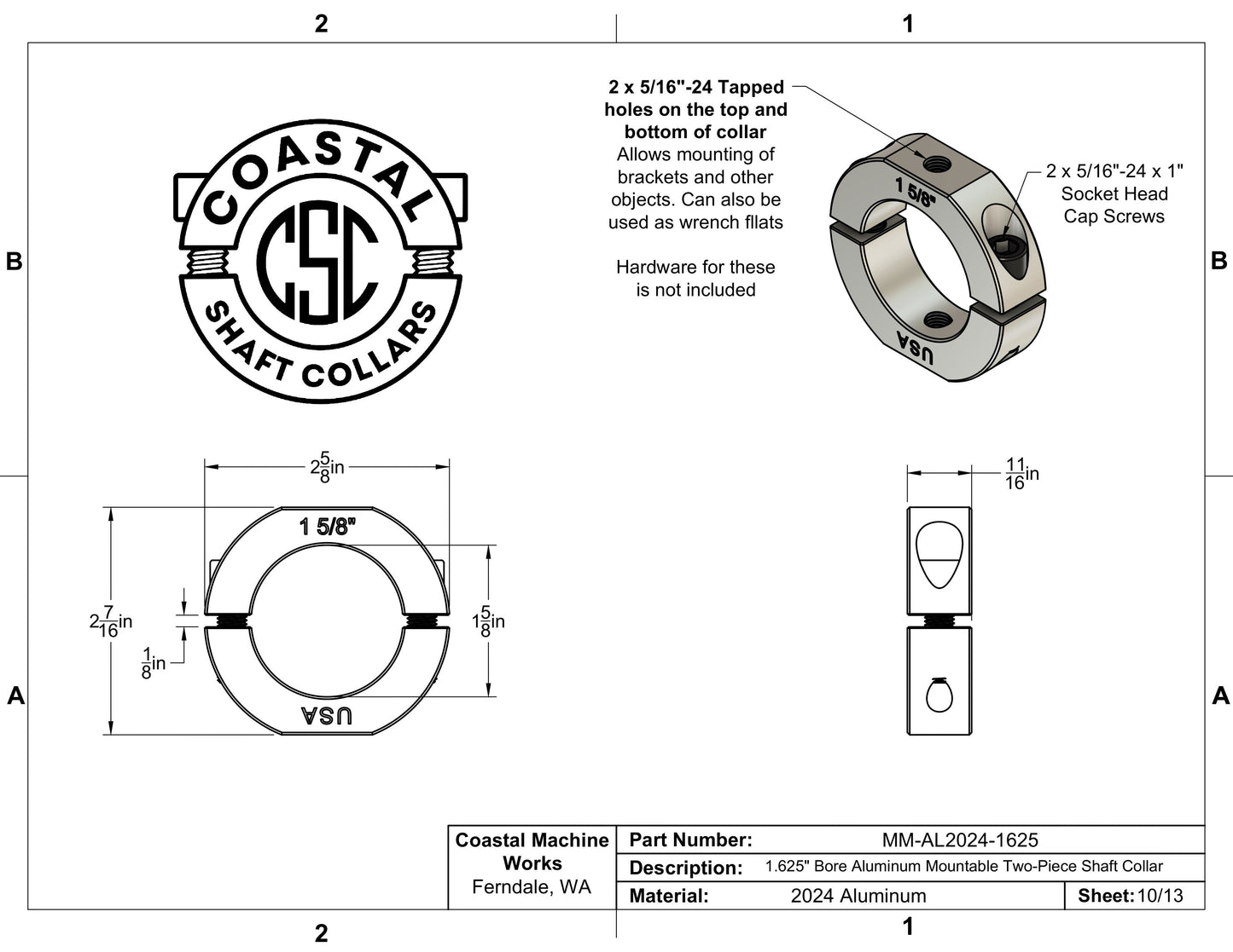 1.625" Diameter – Mountable Clamping Two Piece Shaft Collar – 2024 Aluminum