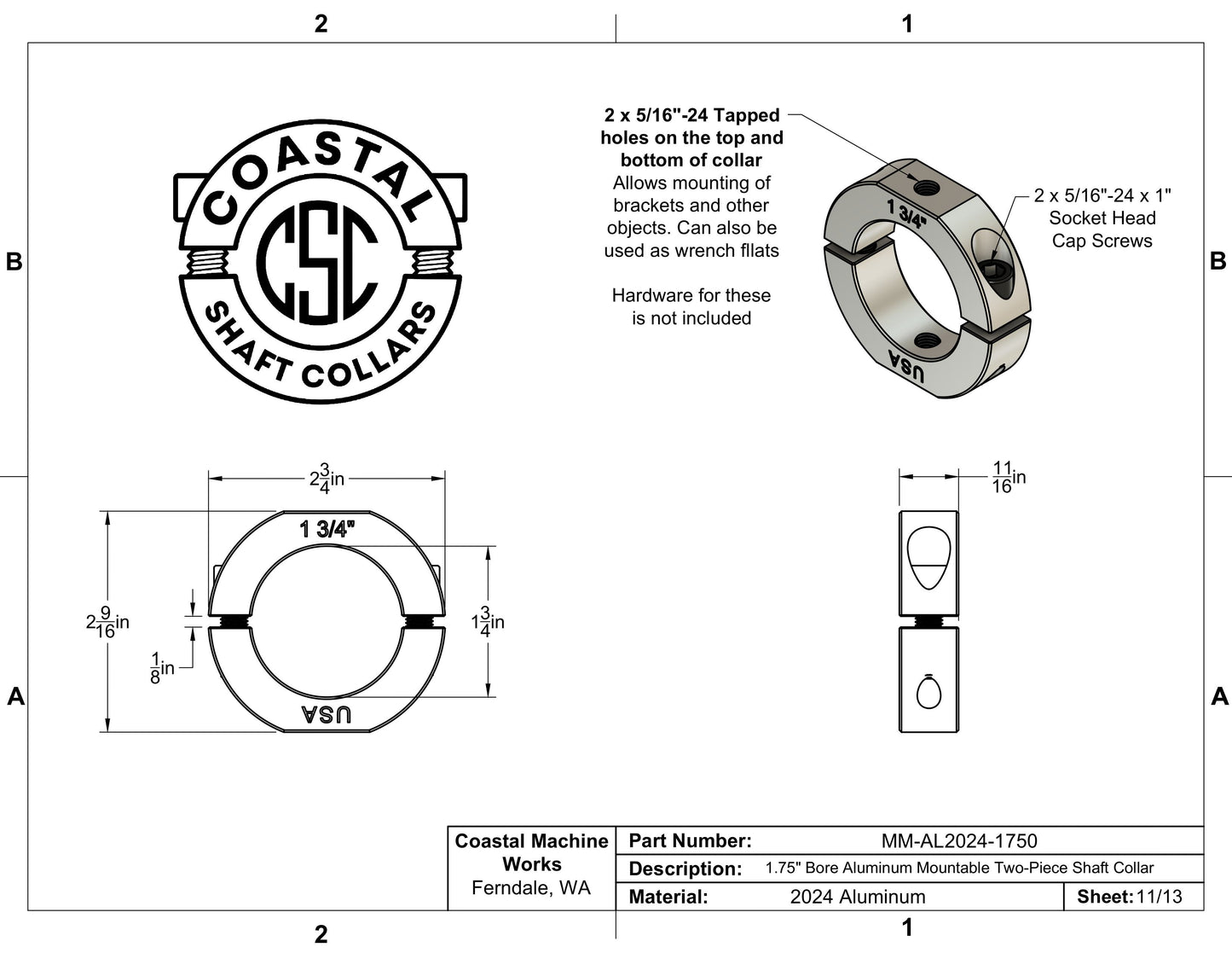 1.75" Diameter – Mountable Clamping Two Piece Shaft Collar – 2024 Aluminum