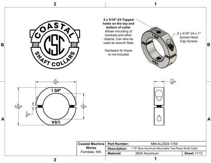 1.75" Diameter – Mountable Clamping Two Piece Shaft Collar – 2024 Aluminum