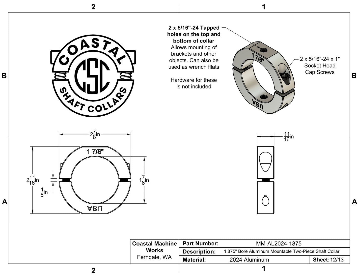 1.875" Diameter – Mountable Clamping Two Piece Shaft Collar – 2024 Aluminum