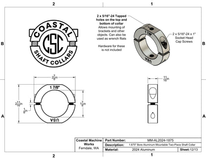 1.875" Diameter – Mountable Clamping Two Piece Shaft Collar – 2024 Aluminum