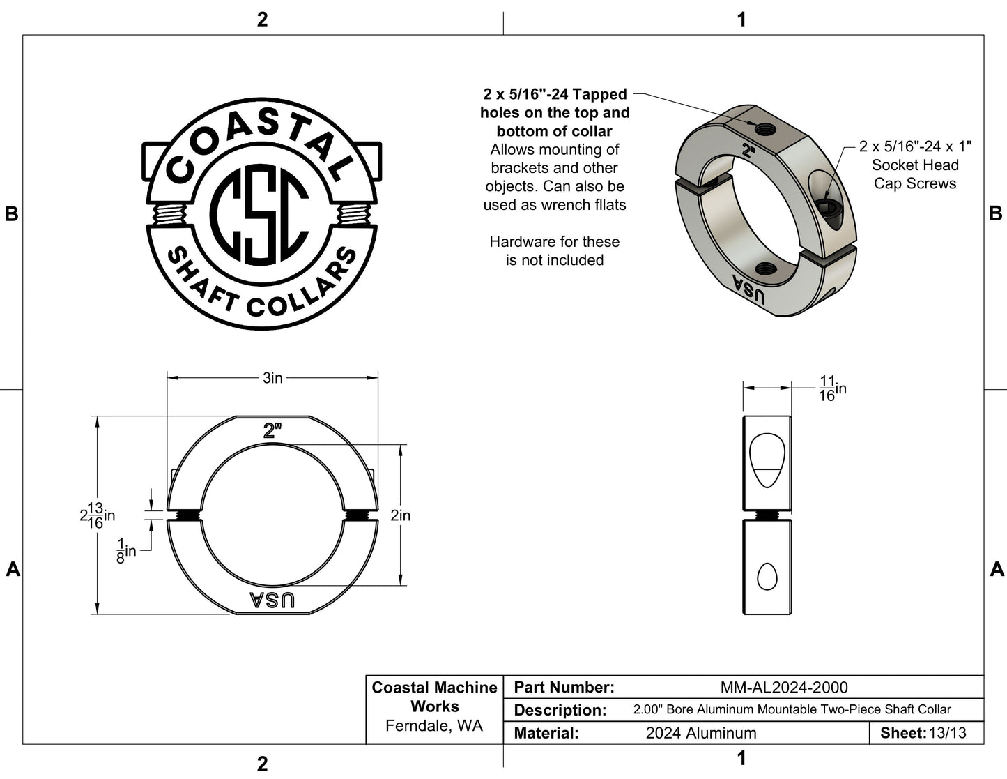 2.00" Diameter – Mountable Clamping Two Piece Shaft Collar – 2024 Aluminum