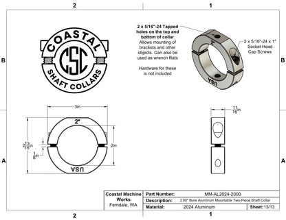 2.00" Diameter – Mountable Clamping Two Piece Shaft Collar – 2024 Aluminum