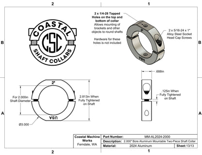2.00" Diameter – Mountable Clamping Two Piece Shaft Collar – 2024 Aluminum