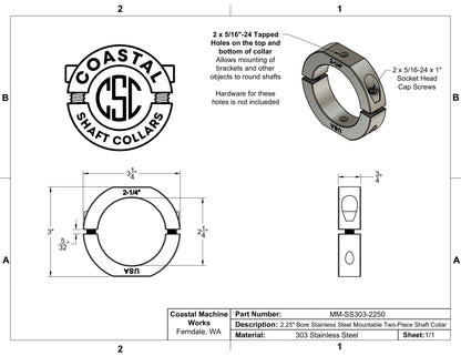2.25" Diameter – Mountable Clamping Two Piece Shaft Collar - 303 Stainless Steel
