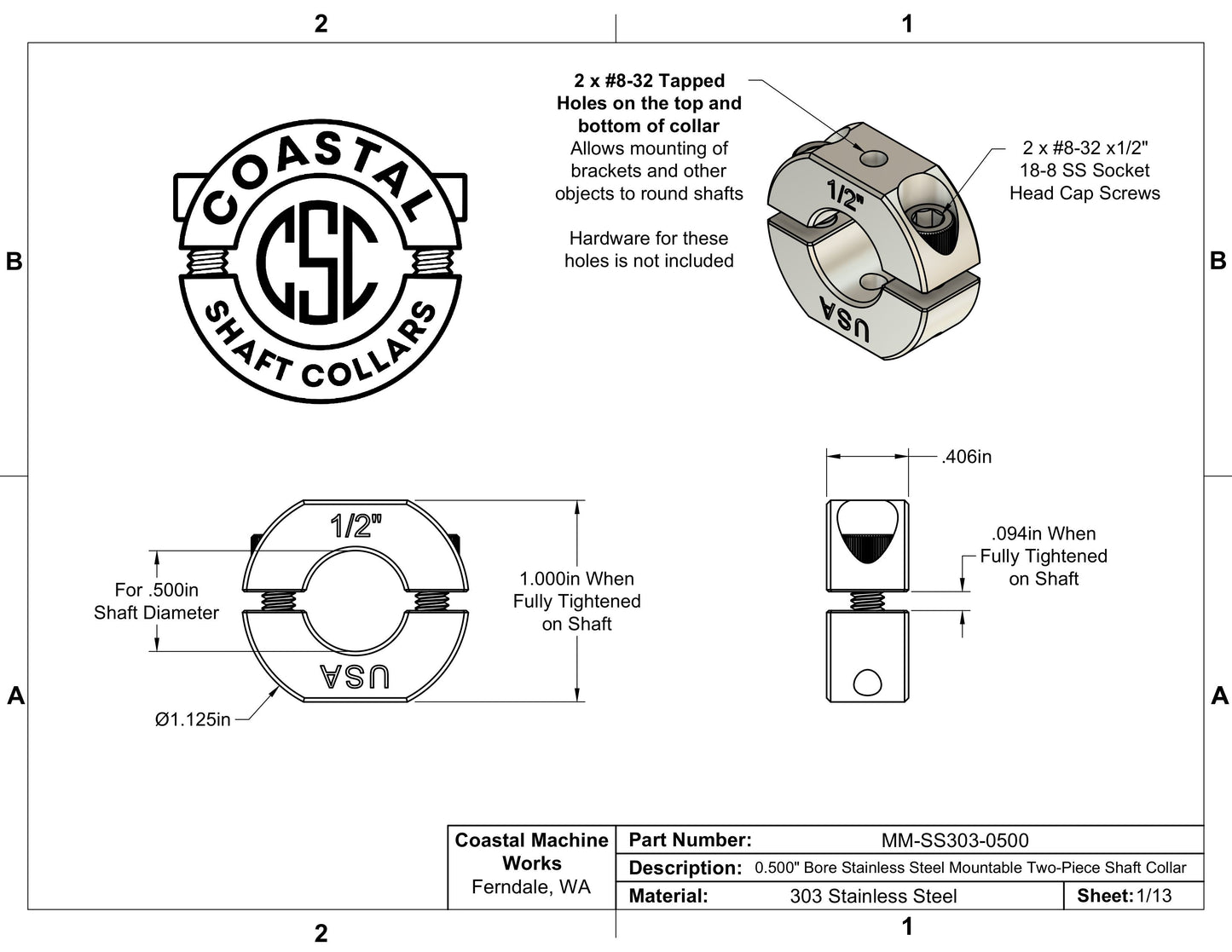 0.50" Diameter – Mountable Clamping Two Piece Shaft Collar - 303 Stainless Steel