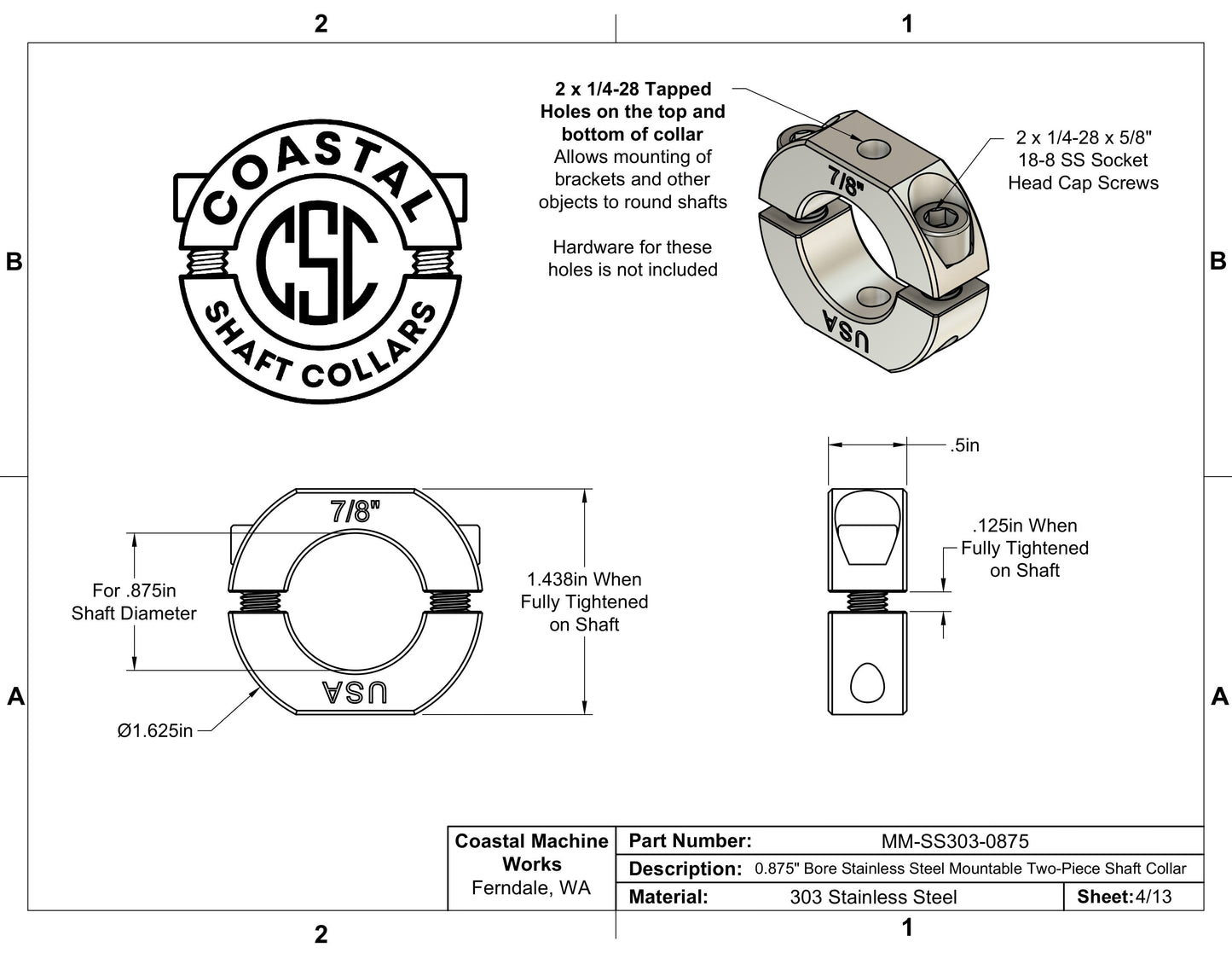 0.875" Diameter – Mountable Clamping Two Piece Shaft Collar - 303 Stainless Steel