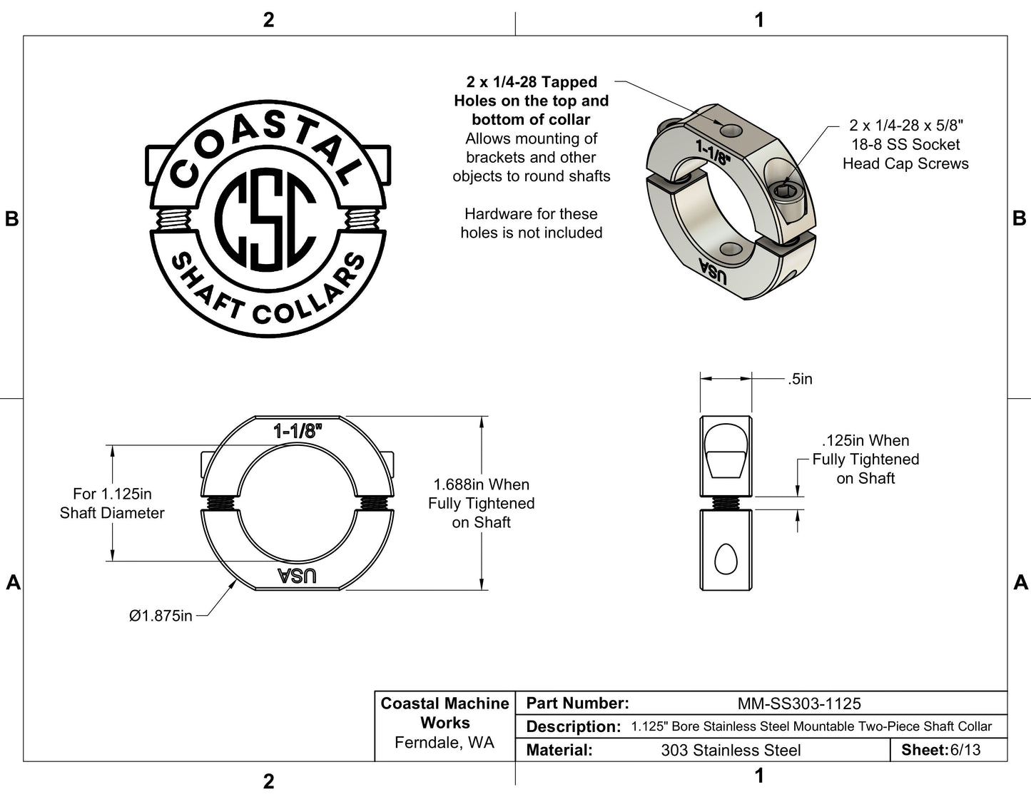 1.125" Diameter – Mountable Clamping Two Piece Shaft Collar - 303 Stainless Steel