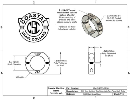 1.25" Diameter – Mountable Clamping Two Piece Shaft Collar - 303 Stainless Steel