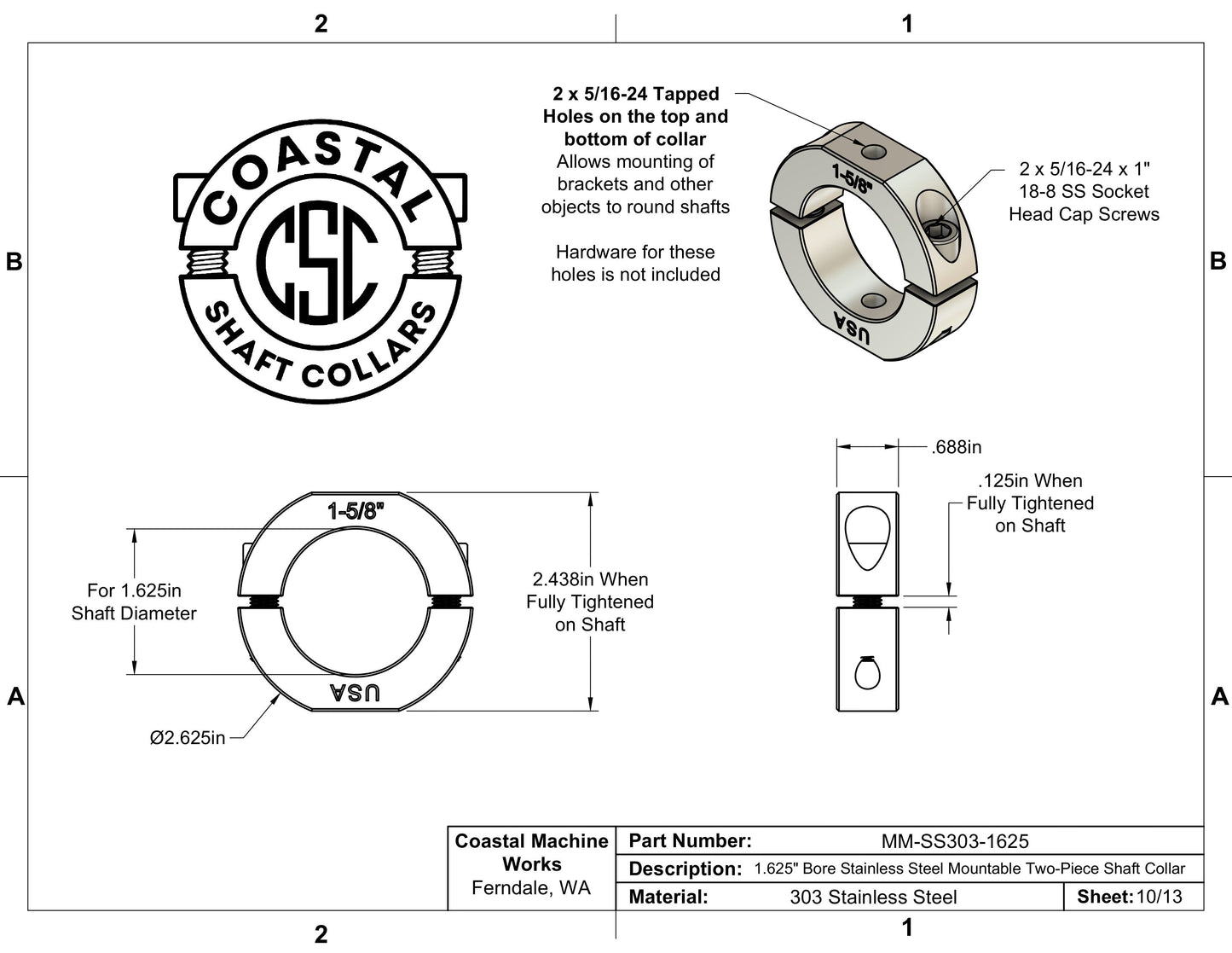 1.625" Diameter – Mountable Clamping Two Piece Shaft Collar - 303 Stainless Steel