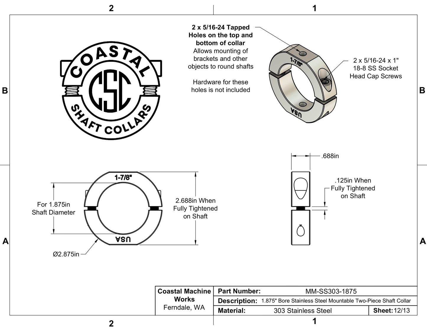 1.875" Diameter – Mountable Clamping Two Piece Shaft Collar - 303 Stainless Steel